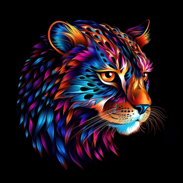 Abstract neon multicolored portrait of a leopard head on a black background Generative AI