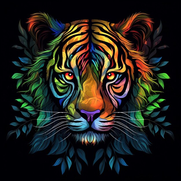 Abstract neon multicolored portrait of a TIGER head on a dark background Generative AI