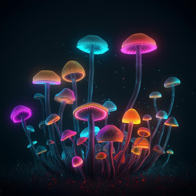 Photo abstract neon rainbowcolored mushrooms floating in the air