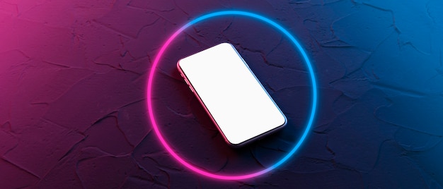 Abstract neon square with glowing lines. Design element for your ad. Smartphone frame less blank screen. Mockup generic device.Template for infographics or presentation.UI UX design interface