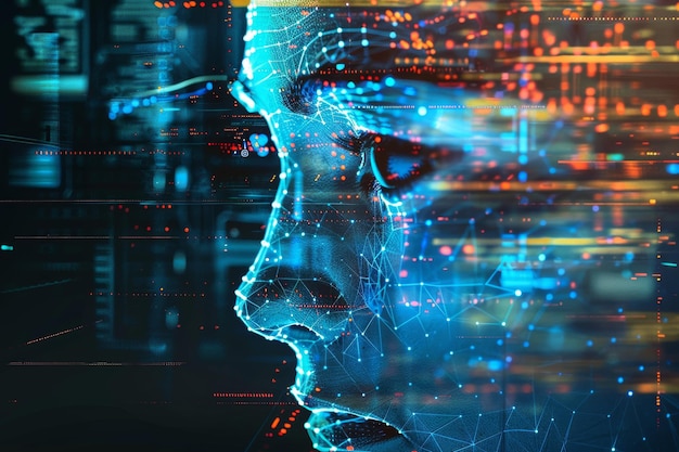 Abstract neon wireframe of a human face with digital effects embodying data and connectivity