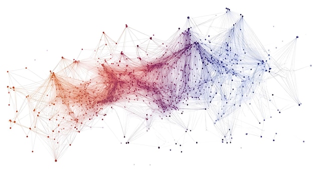 abstract network visualization complex interconnected nodes and lines in red orange and blue hues