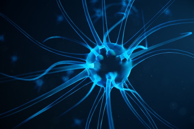 Cellule neuronali astratte con nodi di collegamento. cellule di sinapsi e neuroni che inviano segnali chimici elettrici. neurone dei neuroni interconnessi con impulsi elettrici, illustrazione 3d