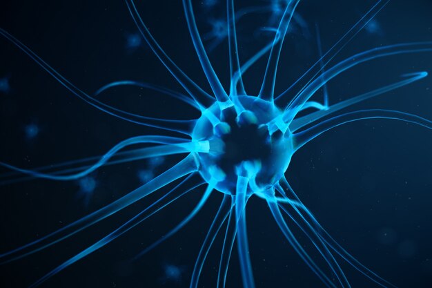 Abstract neuron cells with link knots. Synapse and neuron cells sending electrical chemical signals. Neuron of Interconnected neurons with electrical pulses, 3D illustration