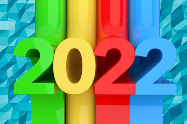 Foto segno astratto nuovo anno 2022 su sfondo blu lowpoly. rendering 3d