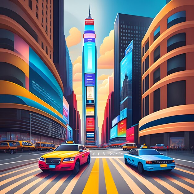 Abstract New York City architecture Times Square cityscape colorful illustration concept art