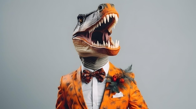 Foto abstract nieuwjaarsfeestconcept portret van een dinosaurus in een elegant oranje pak op een grijze achtergrond