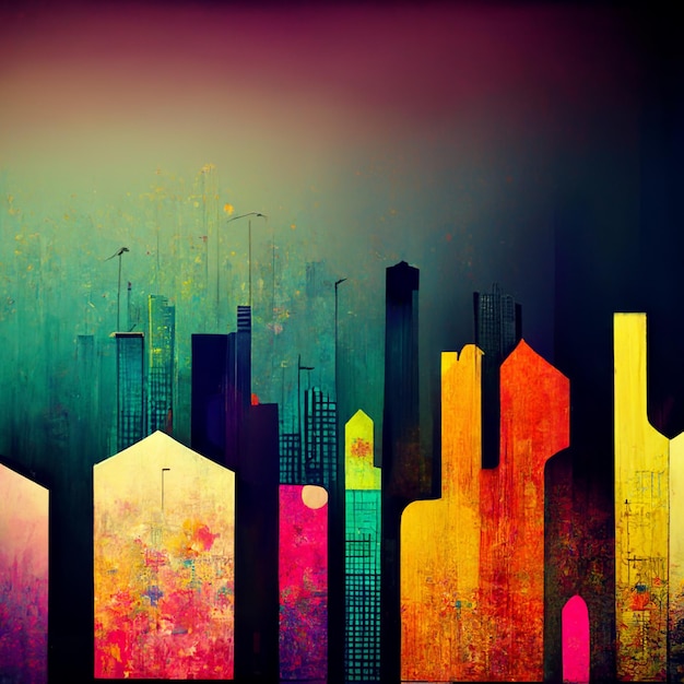 Abstract night buildings in city on watercolor painting City on digital generated illustrated contemporary art