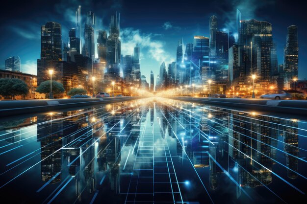 Abstract night city background Smart cities AI and digital transformation concepts embrace the world of the future by Generative AI