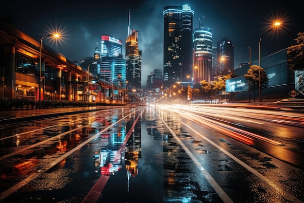 추상적인 야간 도시 풍경 배경 스마트 시티 AI 및 디지털 트랜스포메이션 개념 더블 노출