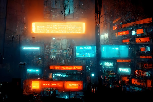 Città cyberpunk notturna astratta con molte reti neurali di pubblicità al neon incandescente verde acqua e arancione