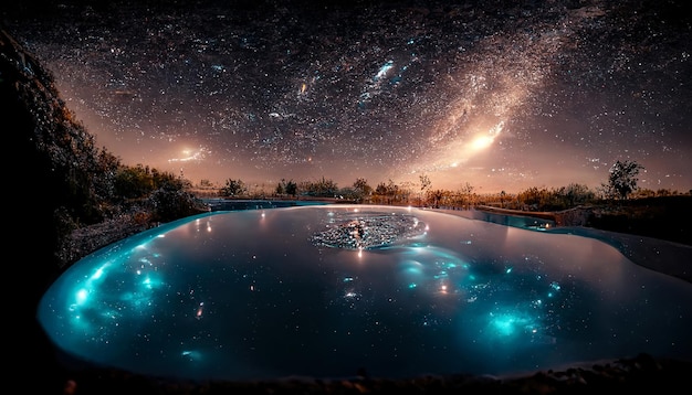 Abstract night fantasy landscape with a starry sky a natural\
pool of water a lake in which the galaxy the milky way the universe\
stars planets are reflected 3d illustration