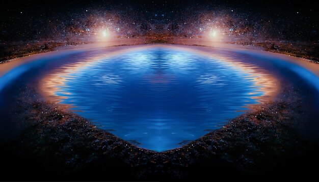 Abstract night fantasy landscape with a starry sky a natural\
pool of water a lake in which the galaxy the milky way the universe\
stars planets are reflected 3d illustration