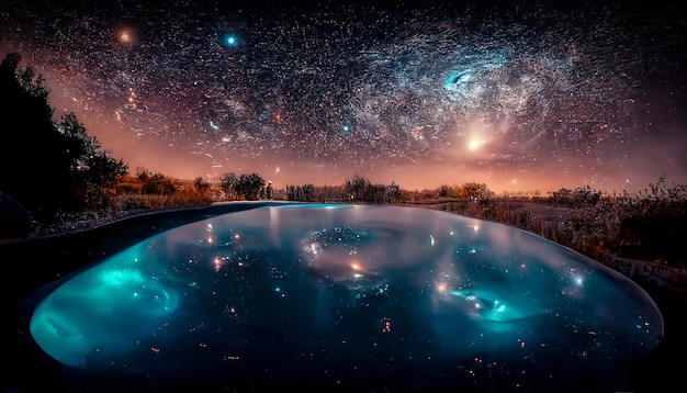 Abstract night fantasy landscape with a starry sky a natural pool of water a lake in which the galaxy the milky way the universe stars planets are reflected 3D illustration