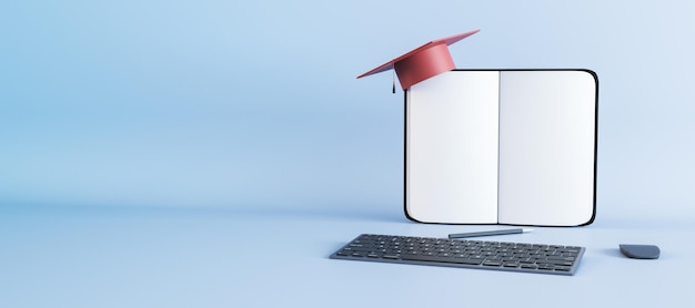 Foto abstract notepad mortarboard tastiera e altri oggetti su sfondo blu con mockup luogo online istruzione e conoscenza concetto 3d rendering