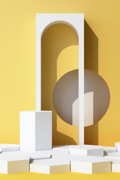 Abstract object white background with geometric shape podium for product with shadow on wall minimal concept yellow and white 3d rendering vertical frame