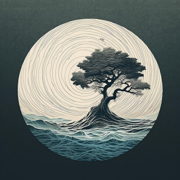 Abstract Ocean Illustration With Isolated Tree Ring