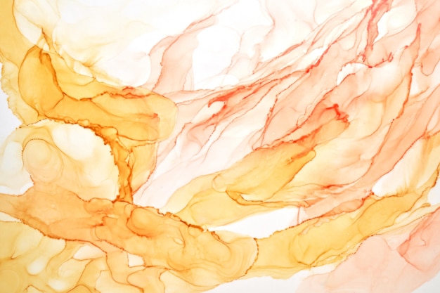 Абстрактная охра акварель на белом фоне. Пятна и пятна от желто-оранжевой коричневой краски в воде, роскошные жидкие обои с жидким искусством, смесь осенних красок