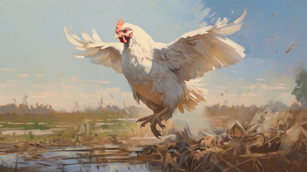 Abstract Oil Painting Chicken Landing In Marsh With Soft Colors