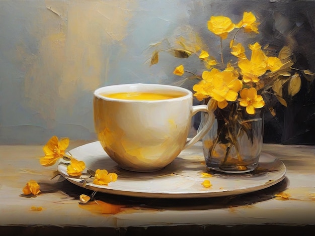 Abstract oil painting cup of tea in a table decorated with beautiful flowers
