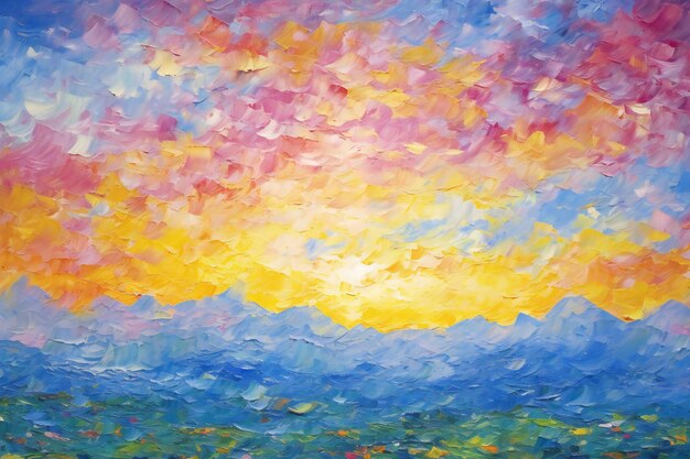 Abstract oil painting of a lake with yellow orange and blue colors