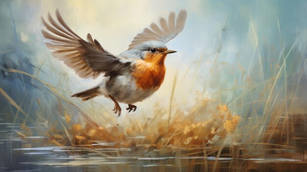 Фото Абстрактная масляная картина робина, приземляющегося в болоте