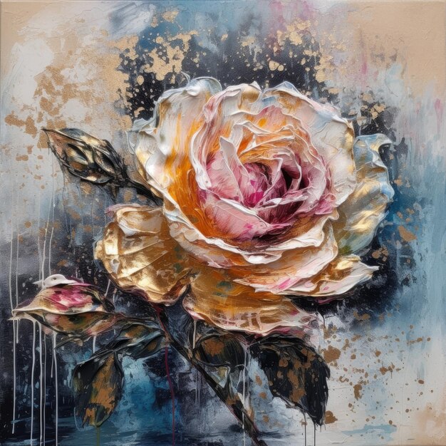 Abstract oil painting of a pink rose golden and light