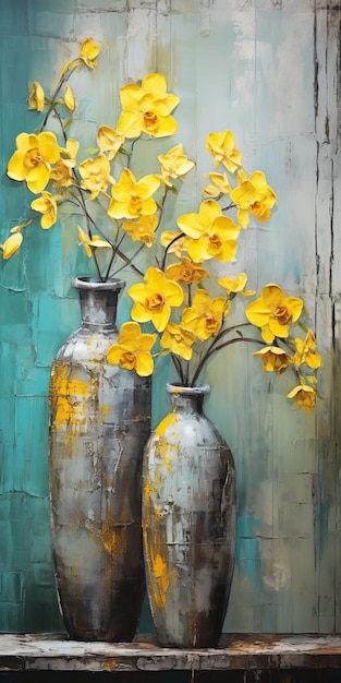 Абстрактная масляная картина желтых орхидей в бирюзовых и серых вазах
