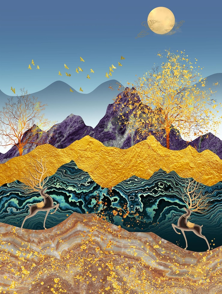 Photo 抽象的油画,三维,门廊,金色背景.现代艺术墙壁的时尚