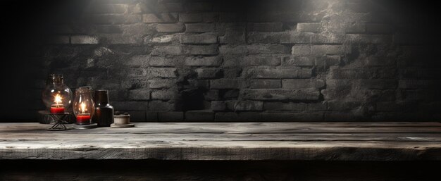 abstract Old wood table with blurred concrete block wall in dark room background