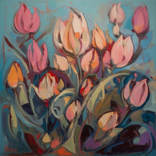 Abstract olieverfschilderij van roze gouden en lichte tulpen