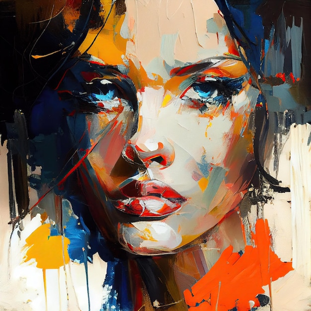 Abstract olieverfschilderijportret van mooie donkerbruine vrouw met blauwe ogen