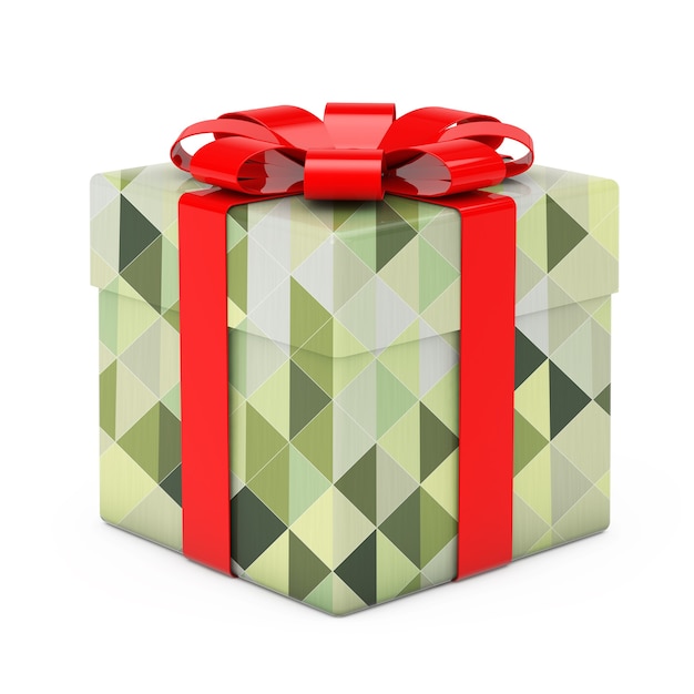 Abstract Olive Green Polygon Geometric Textured Gift Box with Red Bow on a white background. 3d Rendering.