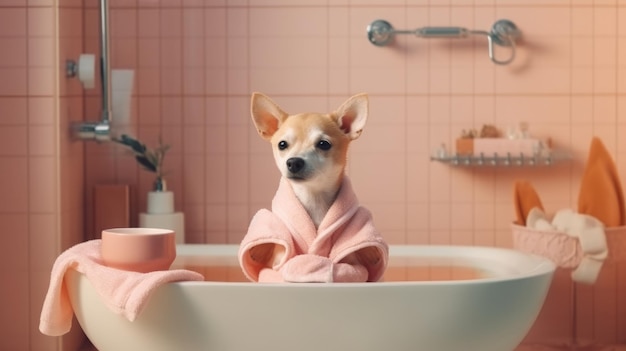 Abstract ontspannend creatief concept Een schattige hond zit in een badkuip in een pastelroze badjas