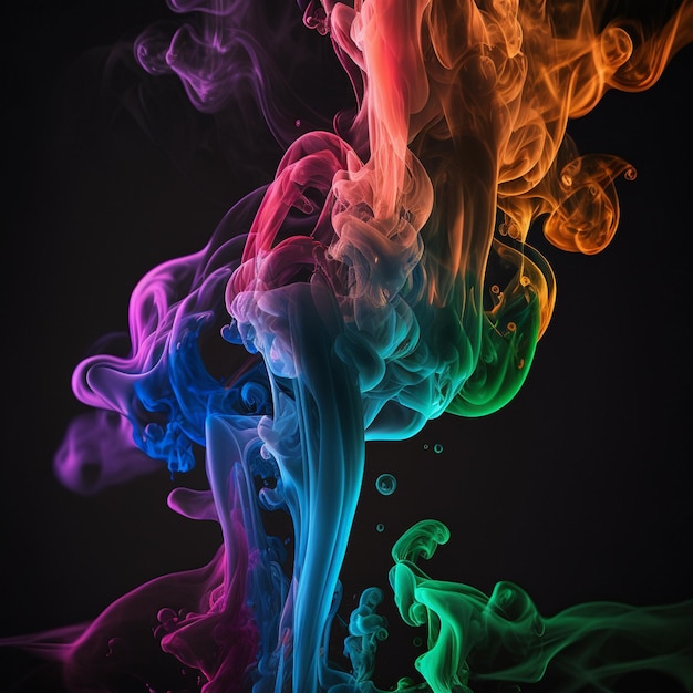Abstract ontwerp van een kleurrijke rookwolk Kleurrijke regenboog van stofdeeltjes close-up op zwarte achtergrond