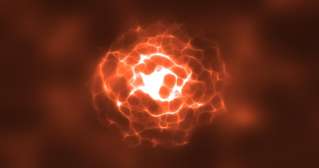 Abstract orange energy round sphere glowing with particle waves hitech digital magic