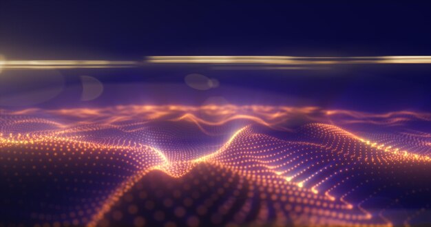 Абстрактная оранжевая энергетическая поверхность с магическими волнами частиц и точками с окончательным фоном