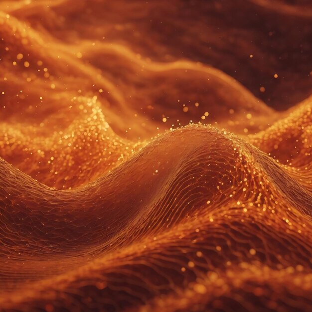 Abstract orange energy surface with magic waves of particles and points with an endation background