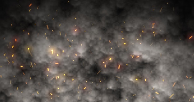 abstract orange fiery sparks and dark gray bonfire smoke with fire abstract background