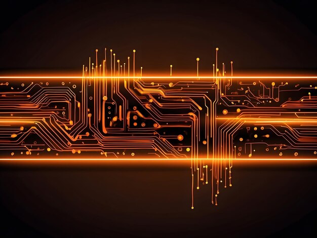 Foto sfondio di tecnologia al neon arancione astratto con linee di schede a circuiti vettoriali di chip per computer futuristici