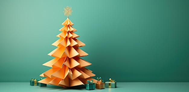 An abstract orange paper christmas tree with a golden star on top and presents at the base against a dark green background