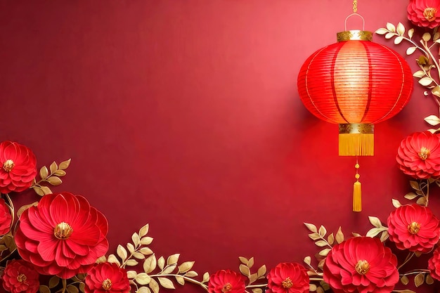 Photo abstract oriental background chinese new year card in red with hanging lanterns greeting