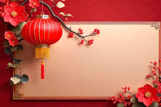 Abstract oriental background Chinese new year card in red with hanging lanterns