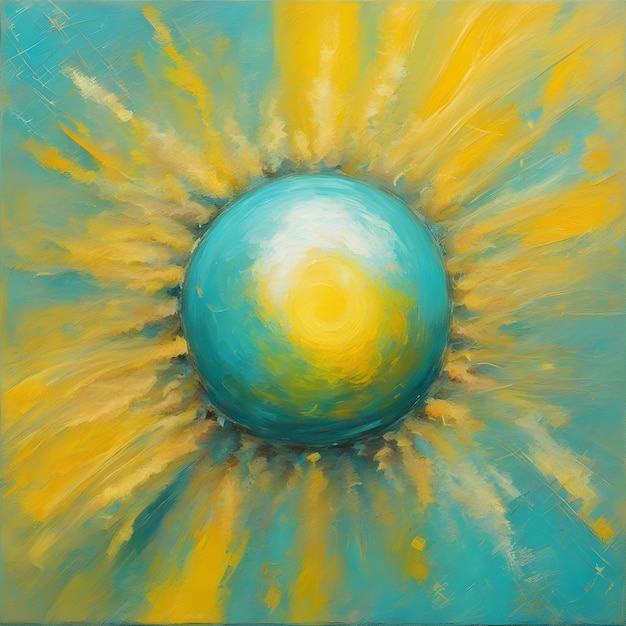Photo abstract original painting on canvas sun ball in yellow and turquoise