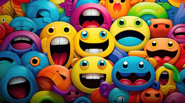 An abstract overlapping pattern of various emojis against a neoncolored background