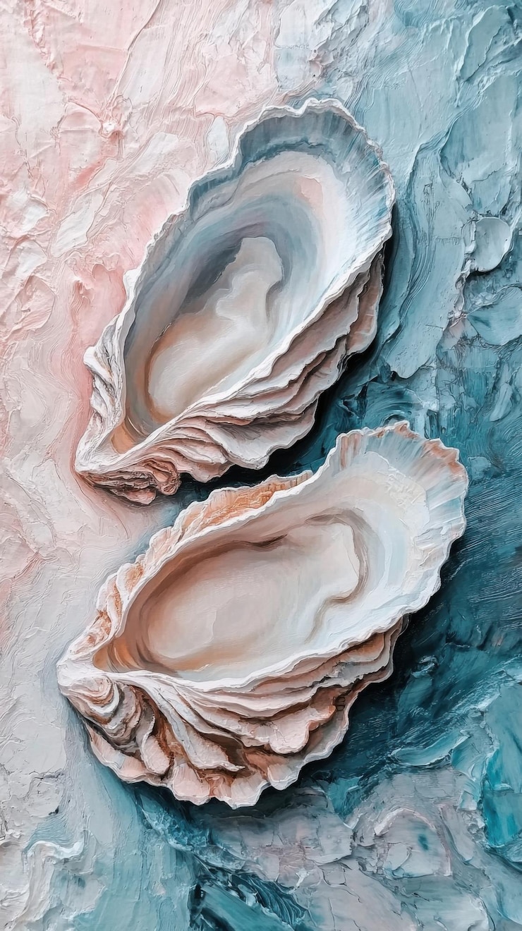 Photo abstract oysters in pastel colors oil painting with brush strokes detailed in the style