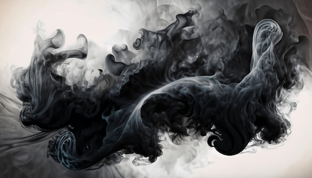 Abstract paint in water background black smoke cloud in motion on white acrylic swirl splashes