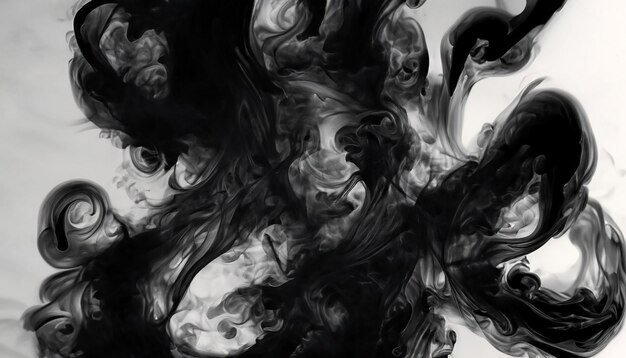 Abstract paint in water background black smoke cloud in motion on white acrylic swirl splashes