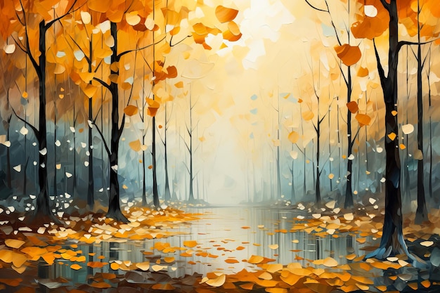Abstract painting of autumn leaves falling in a mystical forest