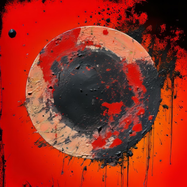 ペンキの飛び散りのある黒と赤の円の抽象的な絵画